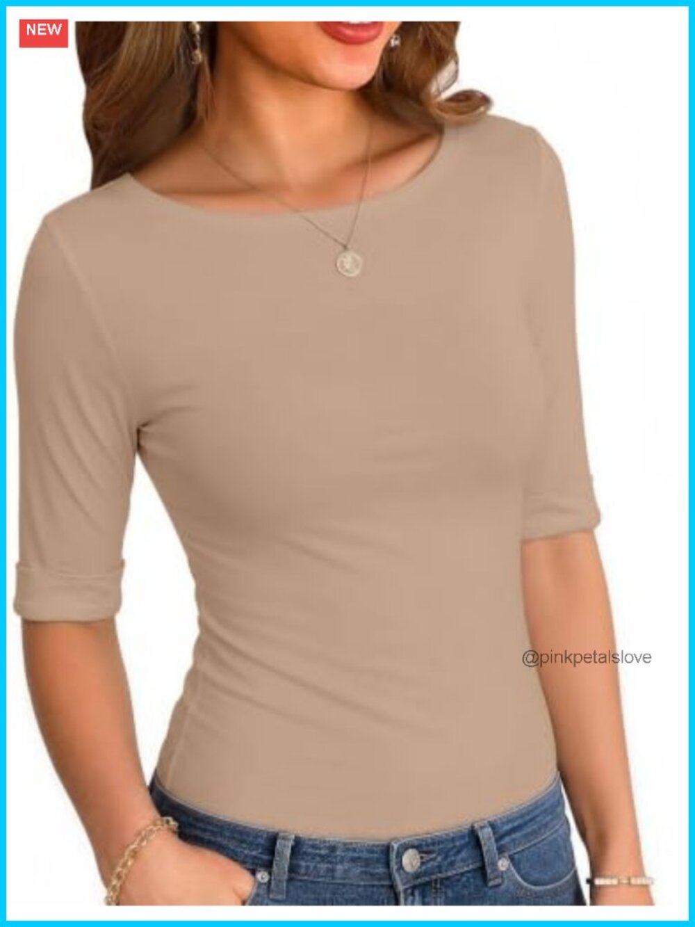Womens Boat Neck Top 3/4 Sleeve Business Casual Brushed Stretch Blouse